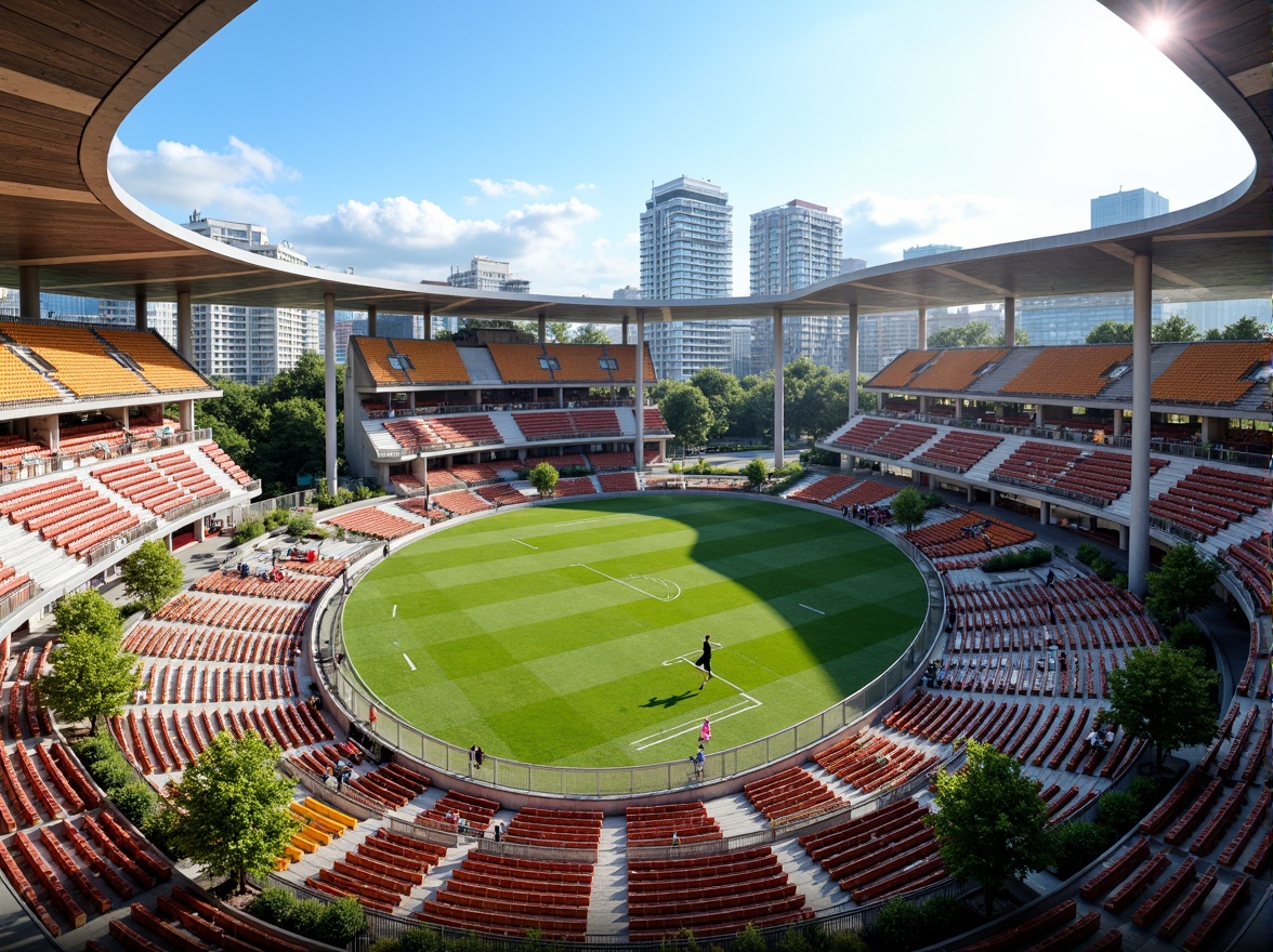 Prompt: Vibrant football stadium, social housing complex, modern architecture, curved lines, dynamic shapes, bold color schemes, metallic materials, sleek glass facades, cantilevered roofs, open-air balconies, communal outdoor spaces, recreational facilities, sports equipment, goalposts, stadium seating, urban landscape, city skyline, sunny day, dramatic lighting, high-contrast shadows, 1/2 composition, wide-angle lens, realistic textures, ambient occlusion.