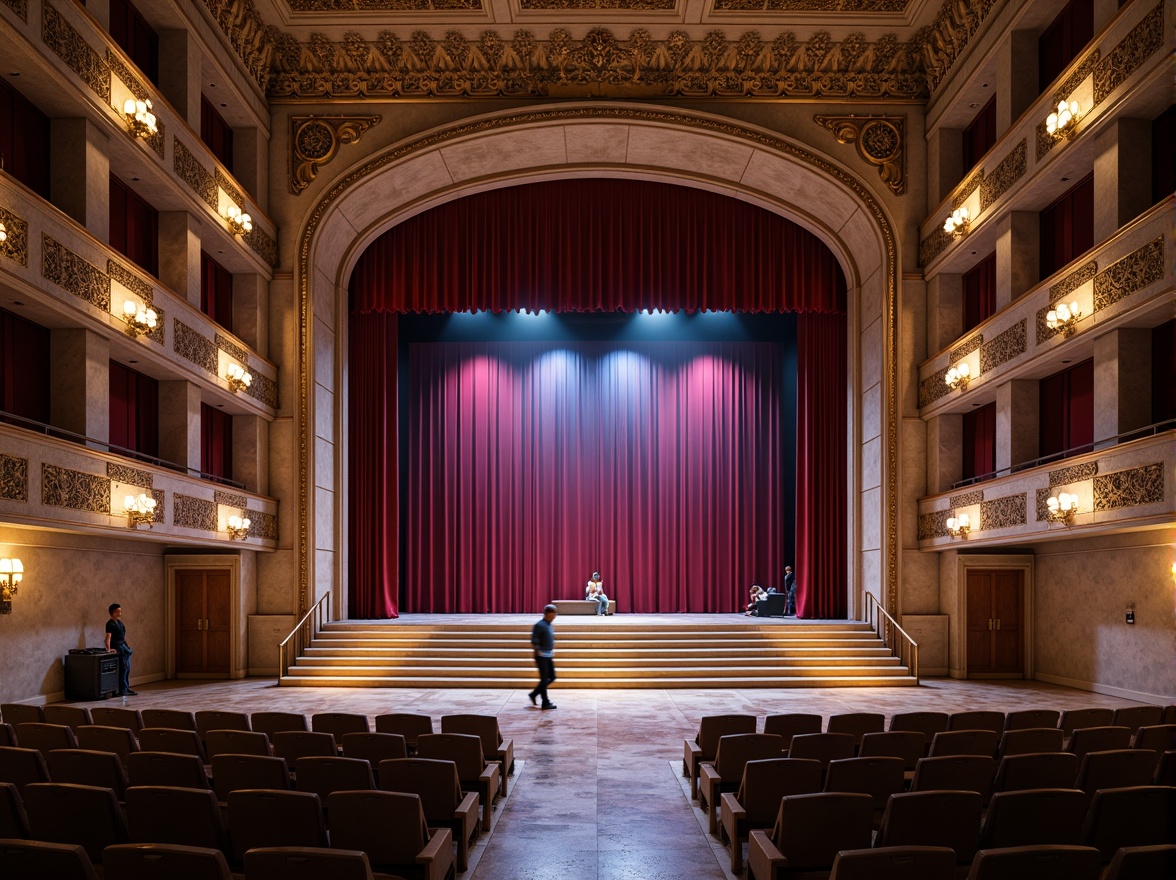 Prompt: Grand auditorium, ornate facade, intricate stone carvings, sweeping arches, grand entrance, polished marble floors, luxurious velvet curtains, golden accents, dramatic spotlights, tiered seating, acoustic panels, soundproofing materials, minimalist decor, modern LED lighting, dynamic color changing effects, 3/4 composition, shallow depth of field, realistic textures, ambient occlusion.