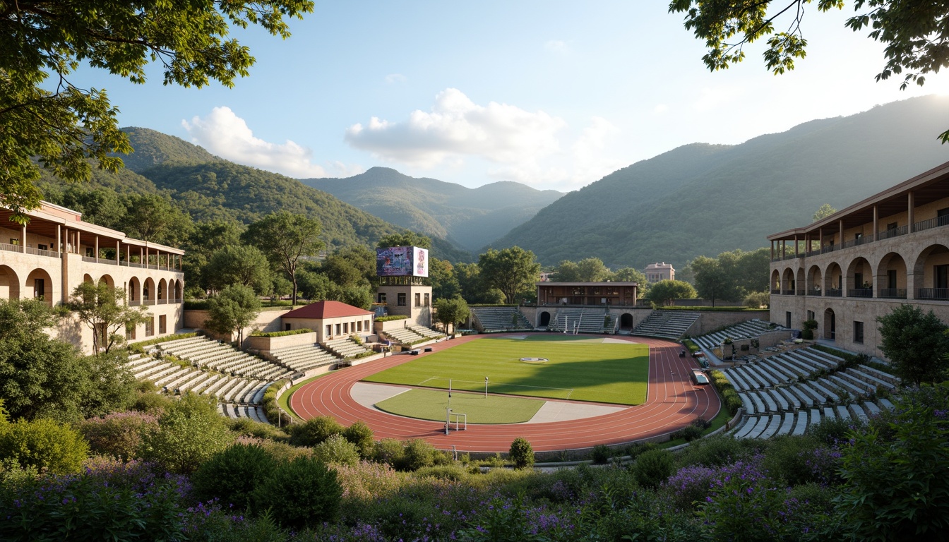 Prompt: Rustic football stadium, Romanesque architecture, stone walls, arched windows, green roofs, lush vegetation, rolling hills, natural scenery, serene atmosphere, warm sunny day, soft diffused lighting, shallow depth of field, 3/4 composition, panoramic view, realistic textures, ambient occlusion, tiered seating, grassy fields, athletic tracks, goalposts, scoreboard, floodlights, spectator stands, VIP lounges, concession booths, modern amenities.