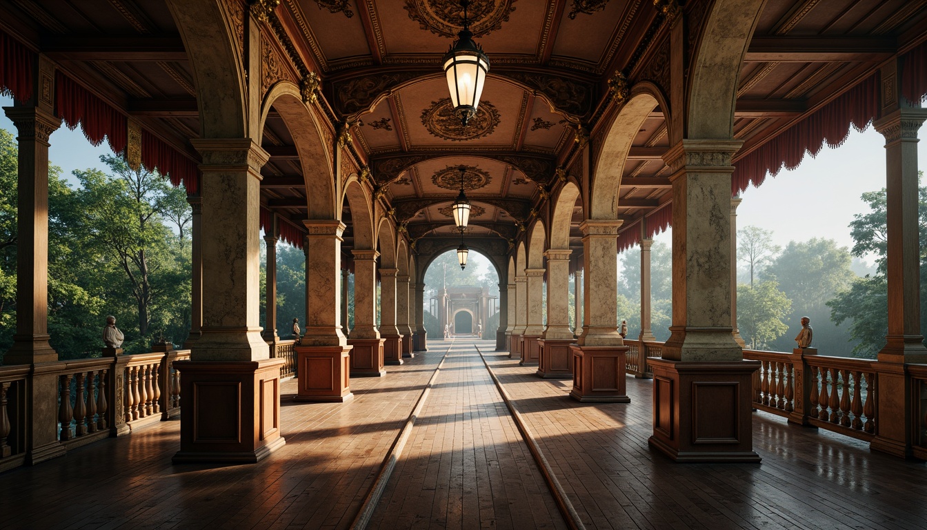 Prompt: Ornate Baroque bridge, rustic stone arches, intricately carved balustrades, polished bronze railings, ornamental lanterns, weathered copper roofing, distressed wooden decking, rich velvet draping, gilded accents, lavish frescoes, grandiose statues, soft warm lighting, misty atmospheric effects, shallow depth of field, 1/2 composition, cinematic view, realistic textures, ambient occlusion.