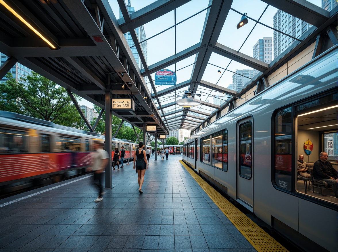 Prompt: Futuristic metro station, dynamic LED lighting, sleek glass fa\u00e7ade, angular metal frames, vibrant cityscape, bustling urban atmosphere, modern transportation hub, efficient passenger flow, spacious interior, natural stone flooring, stainless steel accents, geometric patterned ceilings, advanced ventilation systems, energy-efficient solutions, green roofs, panoramic views, shallow depth of field, 3/4 composition, realistic textures, ambient occlusion.