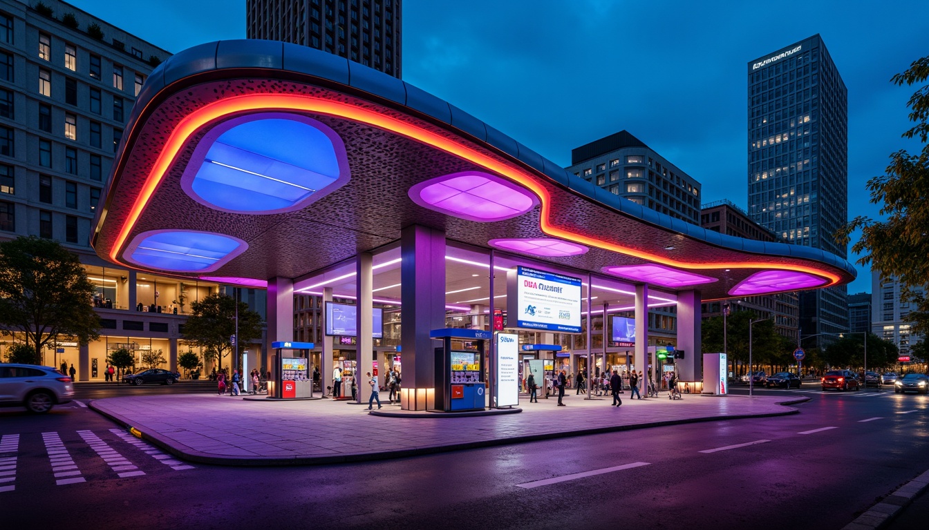 Prompt: Vibrant gas station, futuristic facade design, fusion architecture, curved lines, metallic materials, neon lights, LED signage, modern fuel pumps, sleek canopies, angular columns, cantilevered roofs, urban landscape, busy streets, cityscape background, dramatic nighttime lighting, shallow depth of field, 1/1 composition, realistic reflections, ambient occlusion.