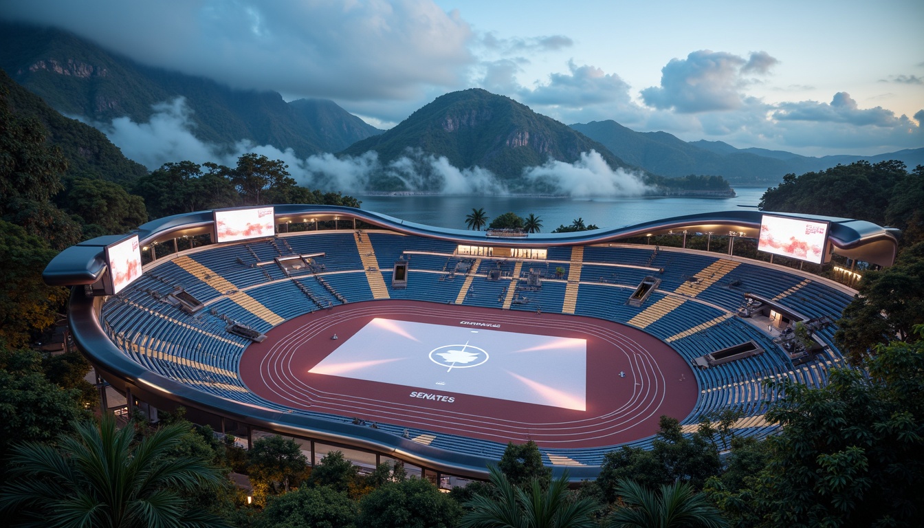 Prompt: Futuristic sports complex, undulating terrain, neon-lit athletic tracks, sleek metallic bleachers, holographic scoreboards, iridescent stadium roofs, glowing accents, vibrant LED lighting, misty atmospheric effects, shallow depth of field, 3/4 composition, panoramic view, realistic textures, ambient occlusion, lush greenery, tropical plants, palm trees, sunny day, warm soft focus, dynamic camera movements.