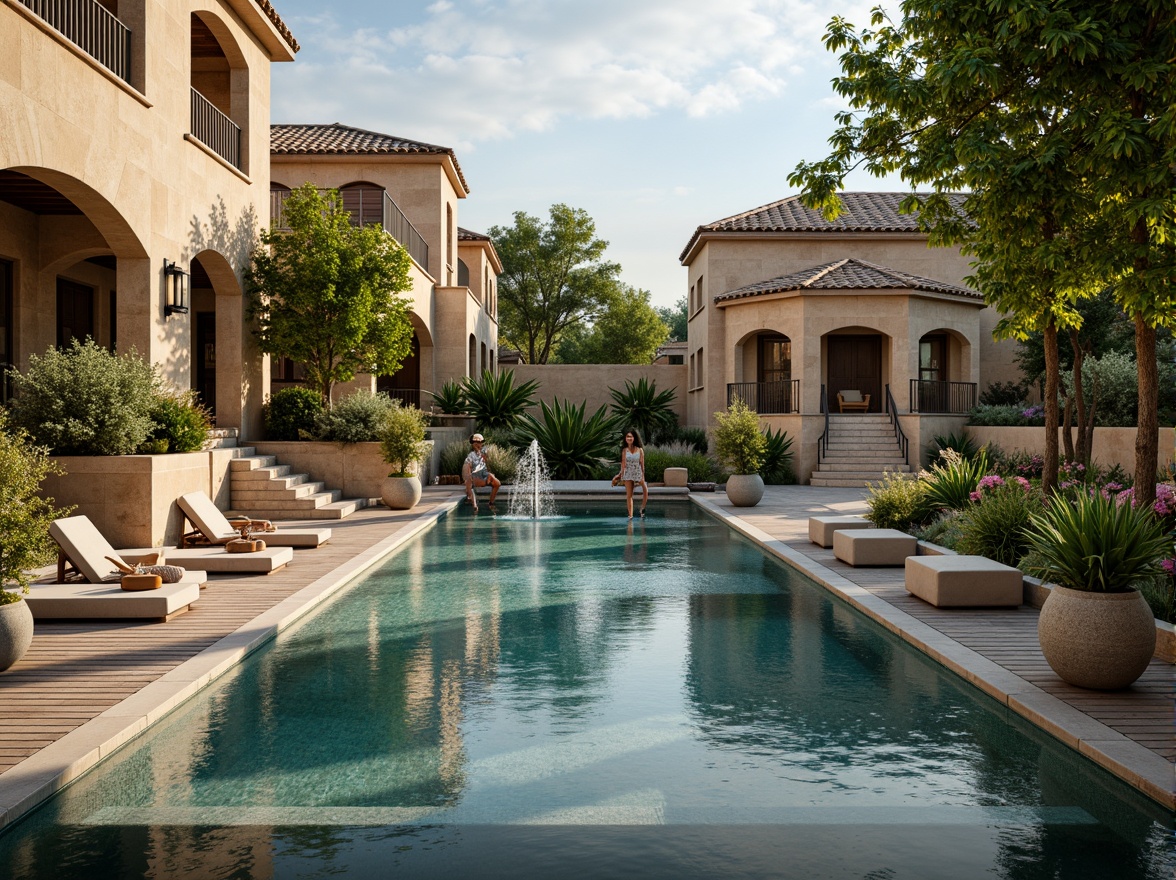 Prompt: Ancient Roman-inspired pool, natural stone coping, ornate fountains, lush greenery, vibrant flowers, Mediterranean plants, rustic wooden decking, warm beige stonework, curved archways, grand staircases, elegant lanterns, soft warm lighting, shallow depth of field, 3/4 composition, panoramic view, realistic textures, ambient occlusion.