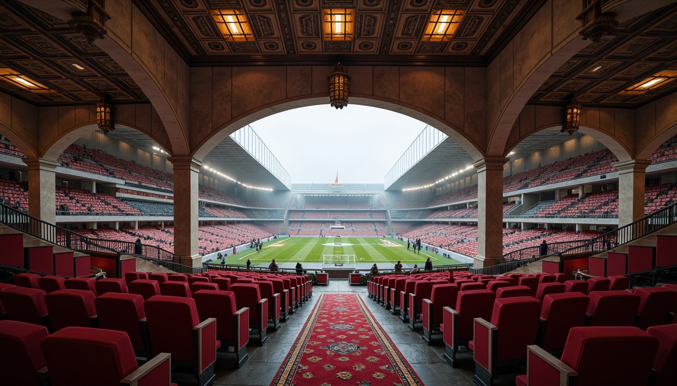 Prompt: Luxurious football stadium, Romanesque architecture, ornate stone carvings, grandiose archways, vibrant team colors, plush velvet seats, intricate patterned rugs, richly textured upholstery, metallic accents, dramatic spotlights, warm ambient lighting, 1/1 composition, shallow depth of field, realistic fabric simulations, detailed stitching, soft focus blur, atmospheric misting effects.