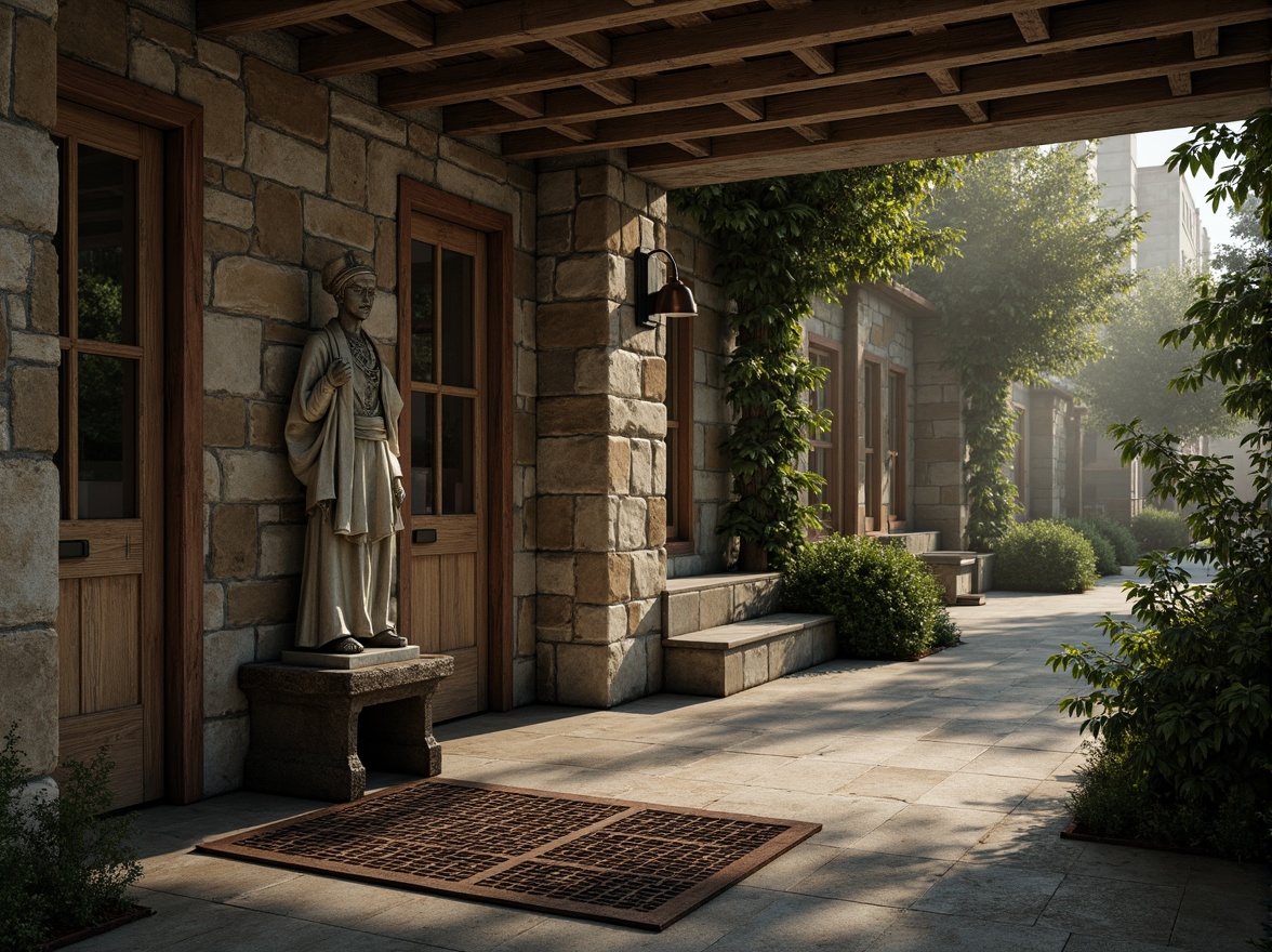 Prompt: Rough stone walls, weathered wooden planks, rusty metal grates, worn concrete floors, peeling paint, faded murals, distressed brick facades, aged copper accents, moss-covered statues, overgrown gardens, misty atmospheric effects, soft warm lighting, shallow depth of field, 3/4 composition, realistic textures, ambient occlusion.