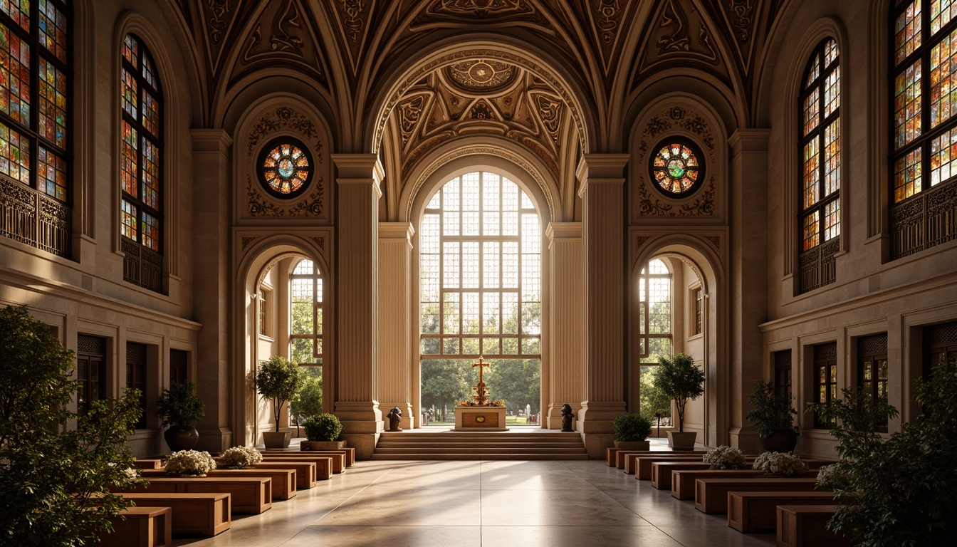 Prompt: Sacred temple, grand entrance, ornate gates, symmetrical layout, central altar, vaulted ceilings, stained glass windows, intricate mosaics, golden accents, marble floors, solemn atmosphere, natural light pouring, soft warm glow, shallow depth of field, 1/1 composition, realistic textures, ambient occlusion, peaceful ambiance, spiritual essence.