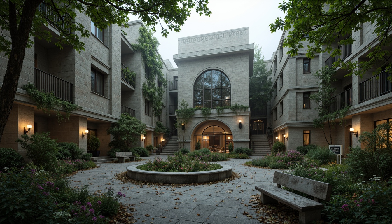 Prompt: Mysterious middle school courtyard, Gothic-style stone buildings, ivy-covered walls, grand entrance archways, ornate metal gates, lush greenery, vibrant flowers, meandering pathways, weathered stone benches, educational signage, mystical lanterns, foggy morning atmosphere, soft warm lighting, shallow depth of field, 3/4 composition, panoramic view, realistic textures, ambient occlusion.