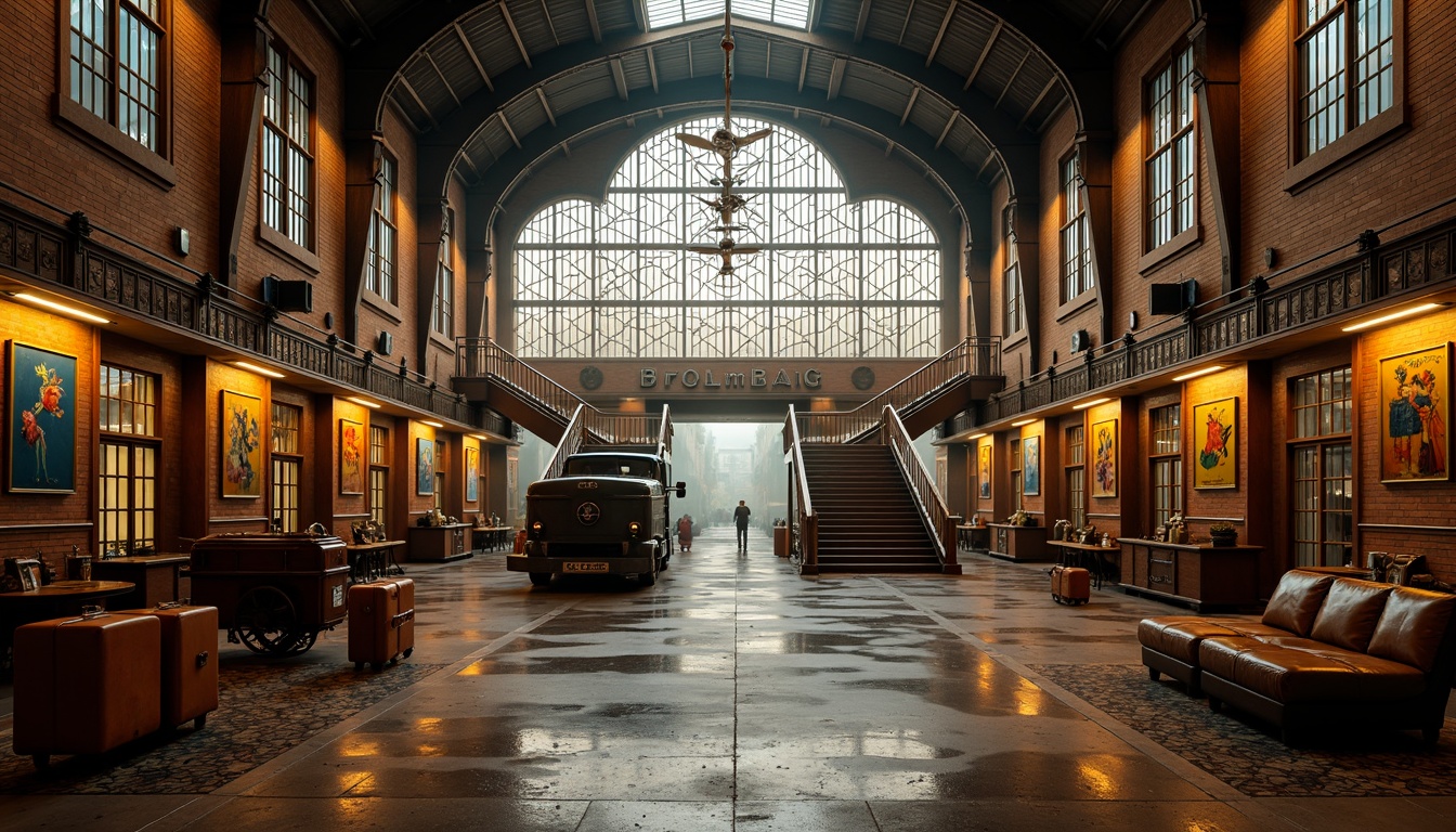 Prompt: Vibrant train station, expressionist architecture, bold geometric shapes, contrasting colors, warm golden lighting, industrial metal beams, distressed brick walls, ornate ironwork, grand staircases, intricate mosaics, eclectic art deco patterns, rich wood accents, vintage luggage carts, nostalgic steam engine details, atmospheric foggy day, dramatic shadows, cinematic low-angle shot, 1/2 composition, moody warm color grading, realistic textures, ambient occlusion.