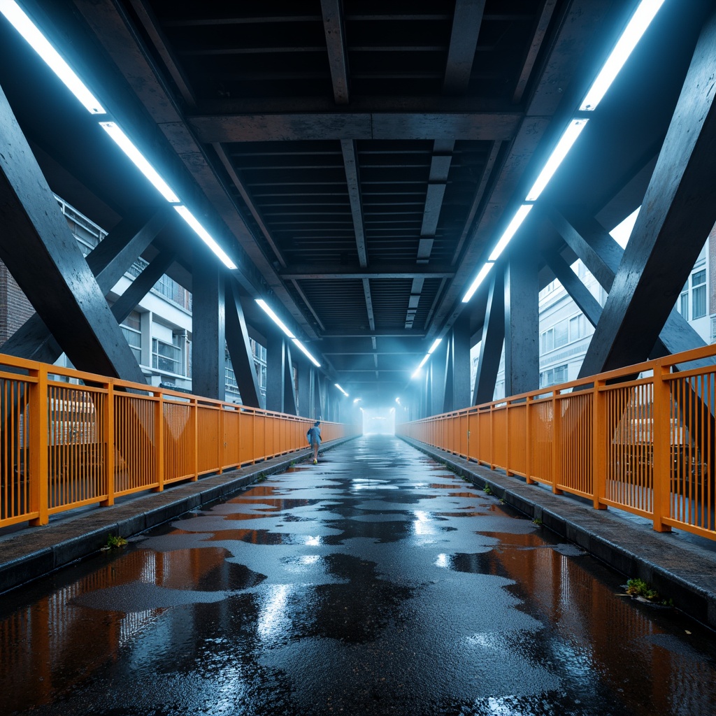 Prompt: Modern urban bridge, sleek metal structure, bold industrial colors, dark grey steel beams, bright orange accents, vibrant yellow safety rails, cool blue LED lighting, misty atmospheric effects, shallow depth of field, 1/1 composition, realistic metallic textures, ambient occlusion.