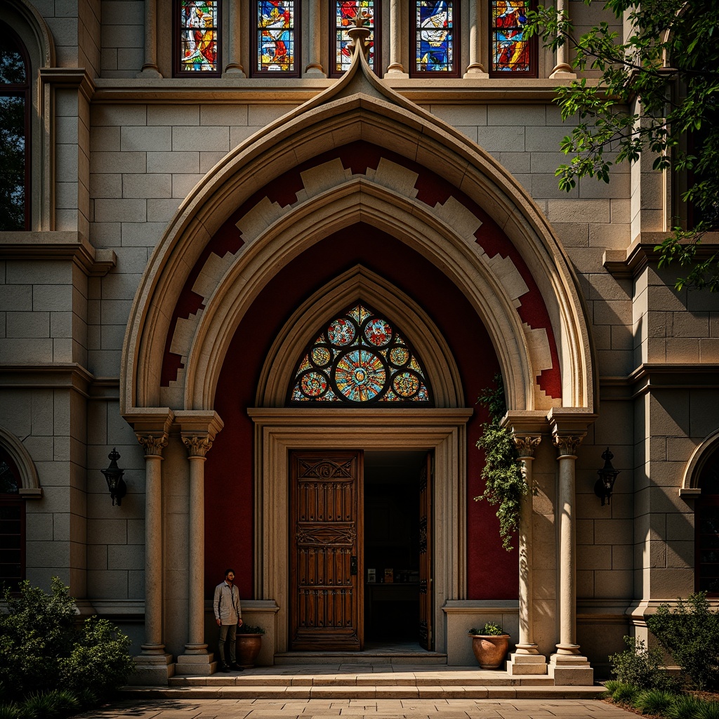 Prompt: Gothic church facade, asymmetrical composition, fragmented forms, abstract geometries, bold color contrasts, textured stone walls, stained glass windows, intricate metalwork, ornate doorways, dramatic arches, pointed spires, mystical ambiance, warm golden lighting, high-contrast shadows, 1/2 composition, low-angle shot, cinematic atmosphere, detailed textures, ambient occlusion.