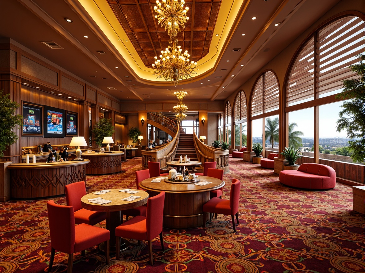 Prompt: Vibrant casino interior, luxurious textiles, bold geometric patterns, rich velvet fabrics, metallic accents, ornate chandeliers, grand staircases, lavish furnishings, opulent decorations, warm golden lighting, shallow depth of field, 1/1 composition, realistic textures, ambient occlusion, regionalist architectural style, curved lines, ornate details, Mediterranean-inspired design, sun-kissed exterior, palm trees, warm desert landscape.