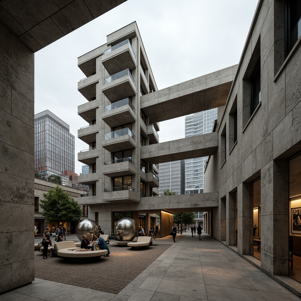 Prompt: Rustic brutalist architecture, exposed concrete walls, rough stone textures, metallic accents, industrial materials, minimalist decor, functional design, urban cityscape, overcast sky, dramatic shadows, high-contrast lighting, 1/1 composition, symmetrical framing, abstract geometric patterns, monochromatic color scheme, weathered steel beams, raw wood elements, distressed finishes, brutalist sculptures, avant-garde art installations.