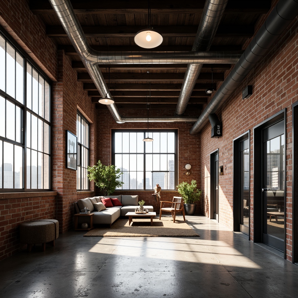 Prompt: Exposed brick walls, metal beams, reclaimed wood accents, industrial-style lighting fixtures, concrete floors, urban loft atmosphere, modern minimalist decor, sleek metal furniture, functional pipes, distressed finishes, edgy architectural details, cityscape views, gritty textures, high ceilings, open floor plans, natural light pouring in, dramatic shadows, 3/4 composition, low-key color palette, realistic renderings.