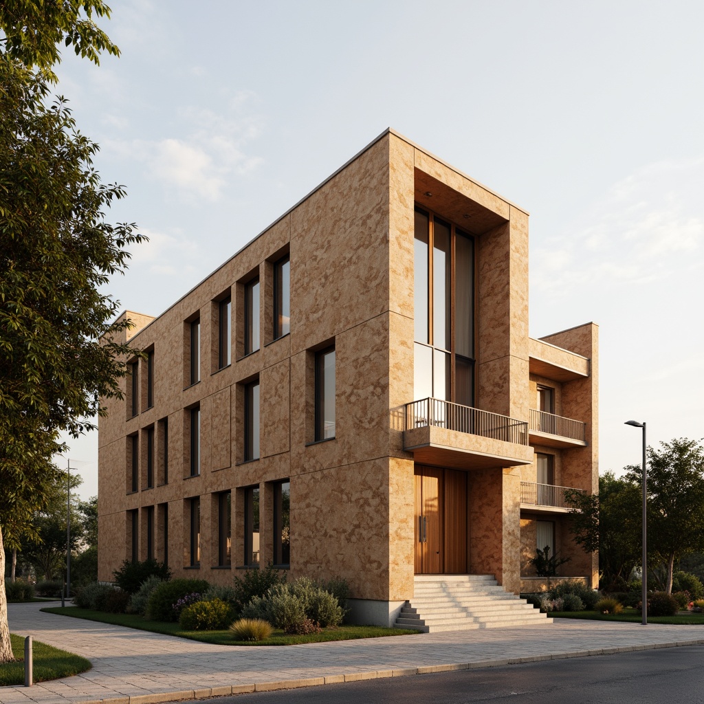 Prompt: Rustic constructivist church, cork exterior cladding, earthy tones, natural textures, geometric shapes, minimalist design, modernist architecture, sustainable building materials, eco-friendly construction, warm ambient lighting, soft diffused shadows, 1/1 composition, realistic renderings, subtle color palette, serene atmosphere, peaceful ambiance, spiritual setting.