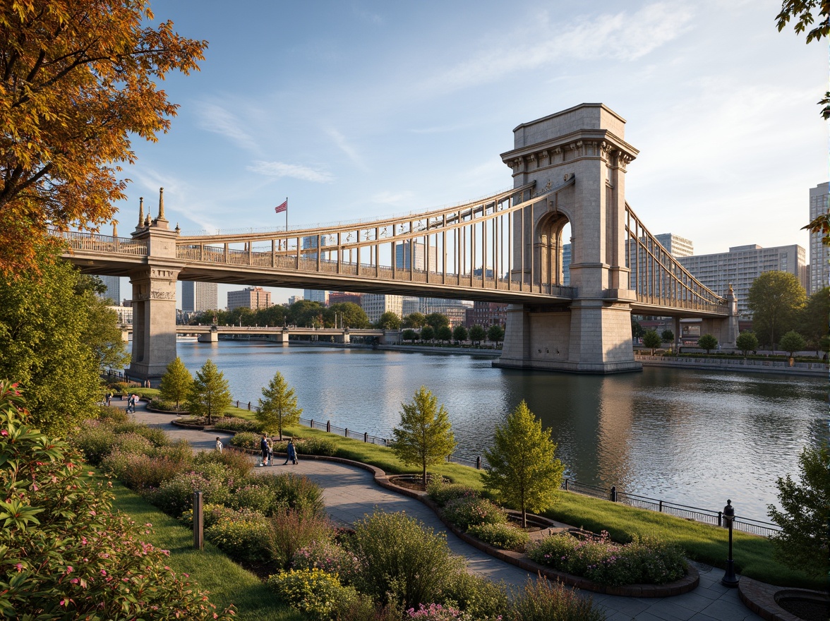 Prompt: Grandiose Baroque-style bridge, ornate stone carvings, sweeping arches, majestic pillars, intricate ironwork, vibrant cityscape, bustling streets, modern skyscrapers, urban waterfront, pedestrian walkways, cycling paths, lush greenery, blooming flowers, sunny day, soft warm lighting, shallow depth of field, 3/4 composition, panoramic view, realistic textures, ambient occlusion.