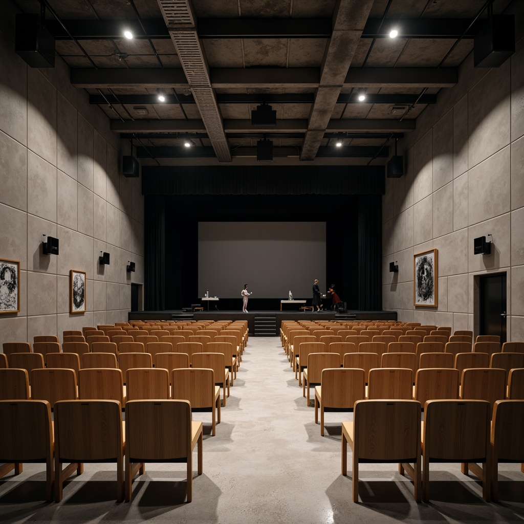 Prompt: Minimalist theater interior, concrete floors, industrial metal beams, exposed ductwork, simple wooden seats, sleek black stage, subtle LED lighting, neutral color palette, acoustic panels, sound-absorbing materials, minimalist decor, abstract artwork, modern architectural lines, functional simplicity, dramatic spotlights, high-contrast shadows, 1/1 composition, cinematic atmosphere, realistic textures, ambient occlusion.