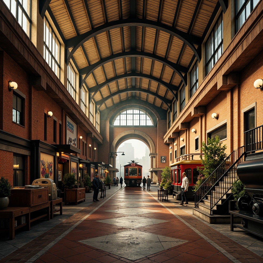 Prompt: Vibrant train station, expressionist architecture, bold geometric shapes, contrasting colors, warm golden lighting, industrial metal beams, distressed brick walls, ornate ironwork, grand staircases, intricate mosaics, eclectic art deco patterns, rich wood accents, vintage luggage carts, nostalgic steam engine details, atmospheric foggy day, dramatic shadows, cinematic low-angle shot, 1/2 composition, moody warm color grading, realistic textures, ambient occlusion.