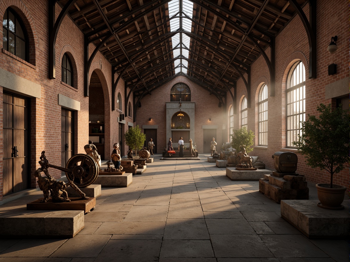 Prompt: Rustic warehouse interior, exposed brick walls, vaulted ceilings, Romanesque arches, industrial metal beams, reclaimed wood accents, earthy color palette, warm soft lighting, shallow depth of field, 1/1 composition, realistic textures, ambient occlusion, atmospheric mist, dramatic shadows, ornate ironwork details, distressed stone surfaces, vintage machinery displays, eclectic decorative artifacts.