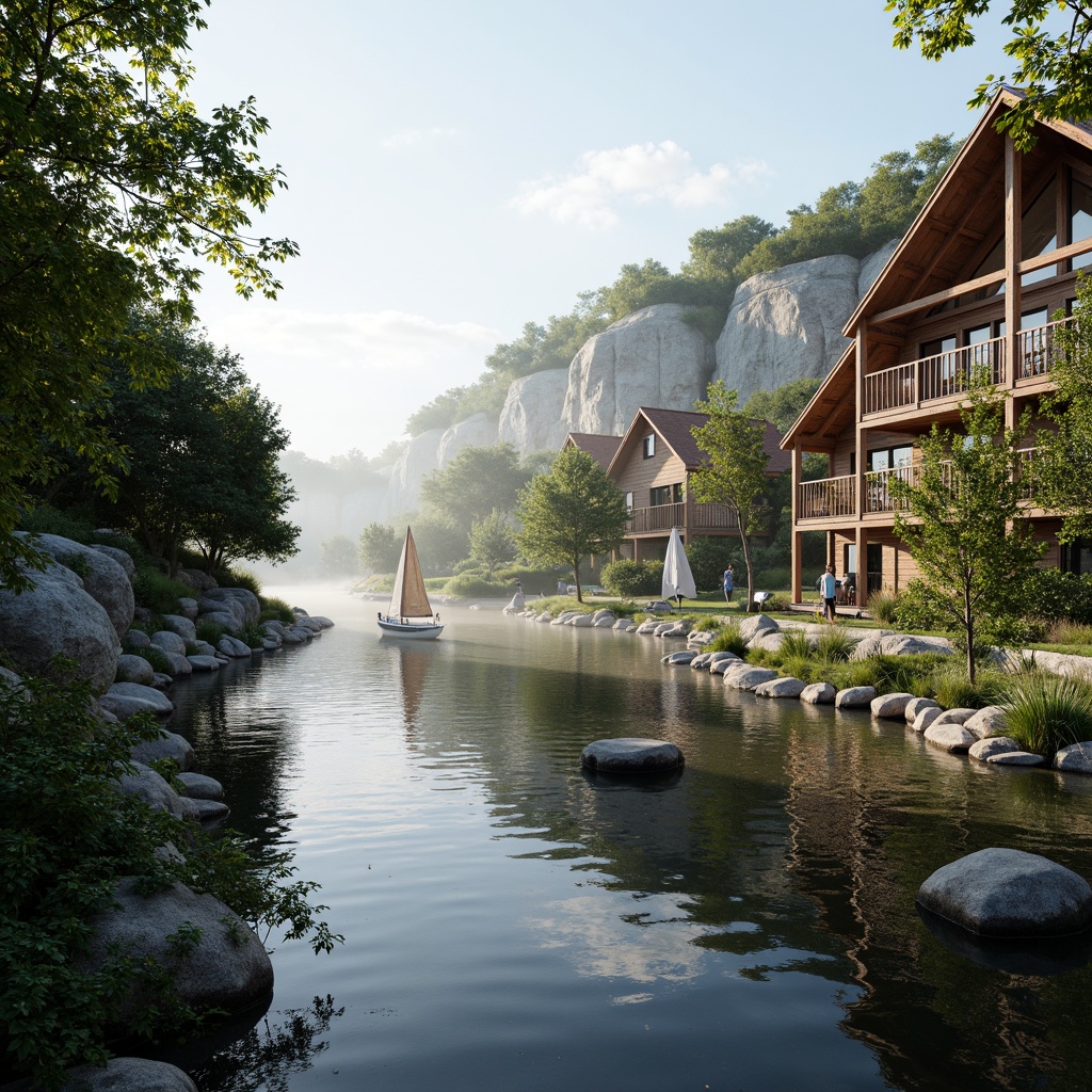 Prompt: \Soothing lakefront architecture, serene water reflections, lush greenery, natural stone walls, wooden docks, sailboats, calm misty mornings, soft warm lighting, shallow depth of field, 3/4 composition, panoramic view, realistic textures, ambient occlusion, earthy tones, blues and greens color palette, weathered wood accents, rustic metal details, cozy cabin-inspired design, nautical elements, driftwood decorations, lake-inspired sculptures.\