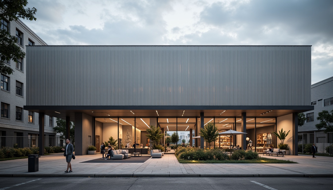 Prompt: Industrial warehouse facade, modern streamline style, metallic cladding, clean lines, minimalist aesthetic, large windows, steel frames, concrete floors, exposed ductwork, urban cityscape, cloudy grey sky, dramatic shadows, high contrast lighting, 1/1 composition, symmetrical balance, bold typography, industrial chic decor, reclaimed wood accents, polished metal details, functional simplicity, efficient layout, open floor plan.