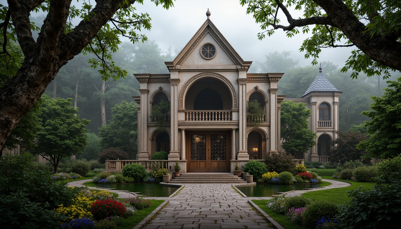 Prompt: Majestic villa, Gothic architectural style, grandiose entrance gates, ornate stone carvings, mystical forest surroundings, twisted tree branches, misty atmosphere, soft warm lighting, shallow depth of field, 3/4 composition, panoramic view, realistic textures, ambient occlusion, lush greenery, vibrant flowers, winding stone pathways, serene water features, rustic wooden bridges, mysterious fog effects, dramatic cloud formations, intricate stonework patterns, ornate metal decorations.