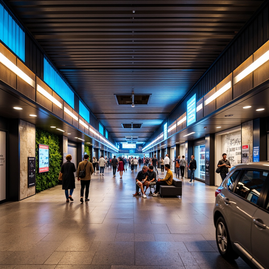 Prompt: Vibrant metro station, sleek modern architecture, gleaming steel beams, polished marble floors, futuristic LED lighting, dynamic color-changing effects, high-contrast ambient occlusion, shallow depth of field, 3/4 composition, panoramic view, realistic textures, bustling urban atmosphere, rush hour crowds, busy commuters, modern signage systems, electronic displays, wayfinding graphics, comfortable seating areas, green walls, natural stone accents, warm and inviting ambiance, soft warm lighting, dramatic spotlights.