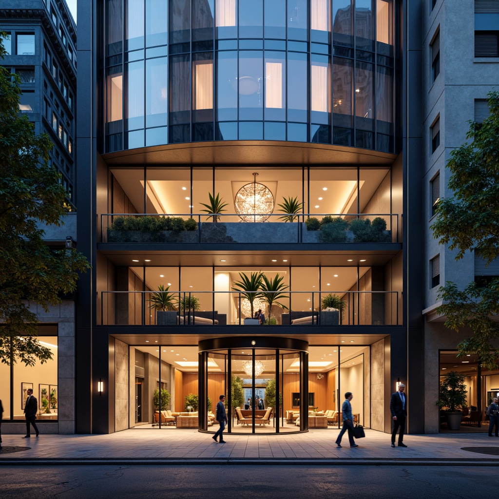 Prompt: Curved hotel facade, sleek metallic cladding, minimalist entrance, revolving doors, spacious lobby, high ceilings, marble flooring, modern chandeliers, luxurious furnishings, ambient lighting, warm color scheme, urban cityscape, busy streets, vibrant nightlife, 1/1 composition, shallow depth of field, soft focus, realistic textures, subtle reflections.