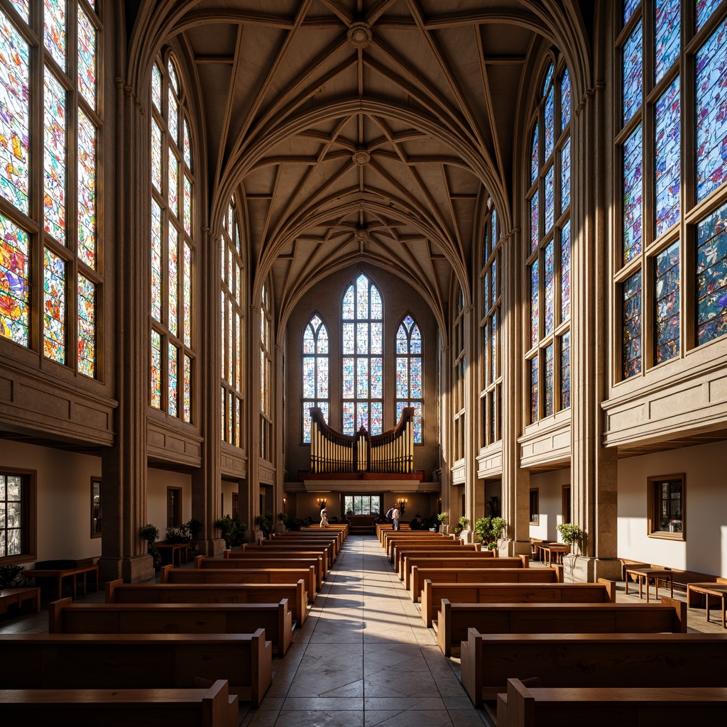 Prompt: Intricate stained glass windows, symmetrical arches, ornate vaulted ceilings, grandiose pipe organs, minimalist pews, sacred altars, geometric patterns, constructivist architecture, brutalist concrete structures, abstract sculptures, vibrant colorful mosaics, dramatic lighting effects, high contrast shadows, 1/1 composition, low-angle shot, warm golden hour lighting, realistic textures, ambient occlusion.