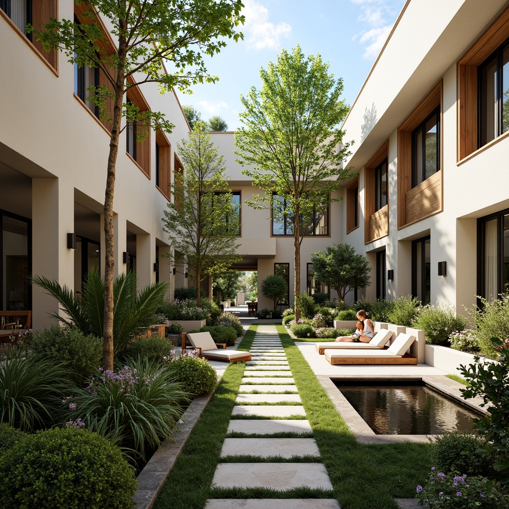 Prompt: Spacious residential courtyard, lush greenery, vibrant flowers, natural stone pathways, wooden benches, modern minimalist architecture, large windows, sliding glass doors, open-plan living areas, high ceilings, airy atmosphere, soft warm lighting, shallow depth of field, 3/4 composition, panoramic view, realistic textures, ambient occlusion, cozy reading nooks, built-in shelving units, comfortable outdoor seating, decorative planters, water features, small ponds, tranquil ambiance.