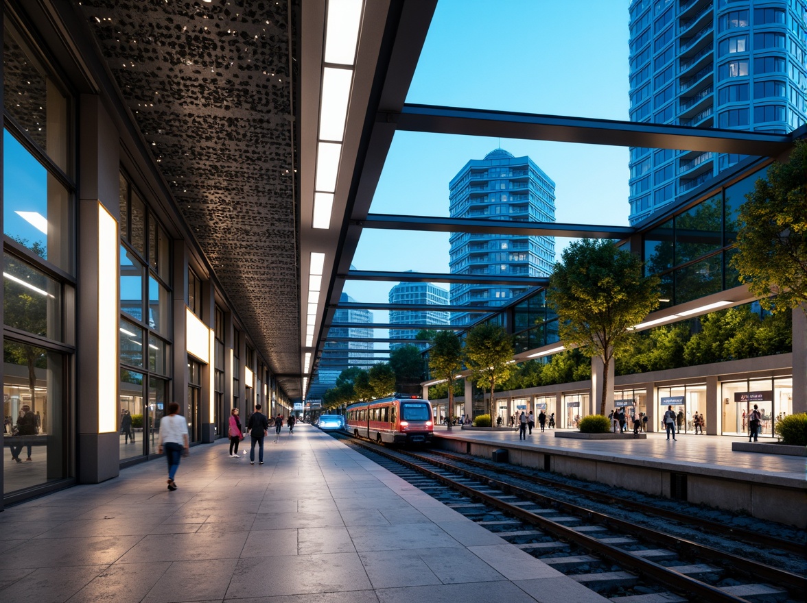 Prompt: Futuristic metro station, dynamic LED lighting, sleek glass fa\u00e7ade, angular metal frames, vibrant cityscape, bustling urban atmosphere, modern transportation hub, efficient passenger flow, spacious interior, natural stone flooring, stainless steel accents, geometric patterned ceilings, advanced ventilation systems, energy-efficient solutions, green roofs, panoramic views, shallow depth of field, 3/4 composition, realistic textures, ambient occlusion.