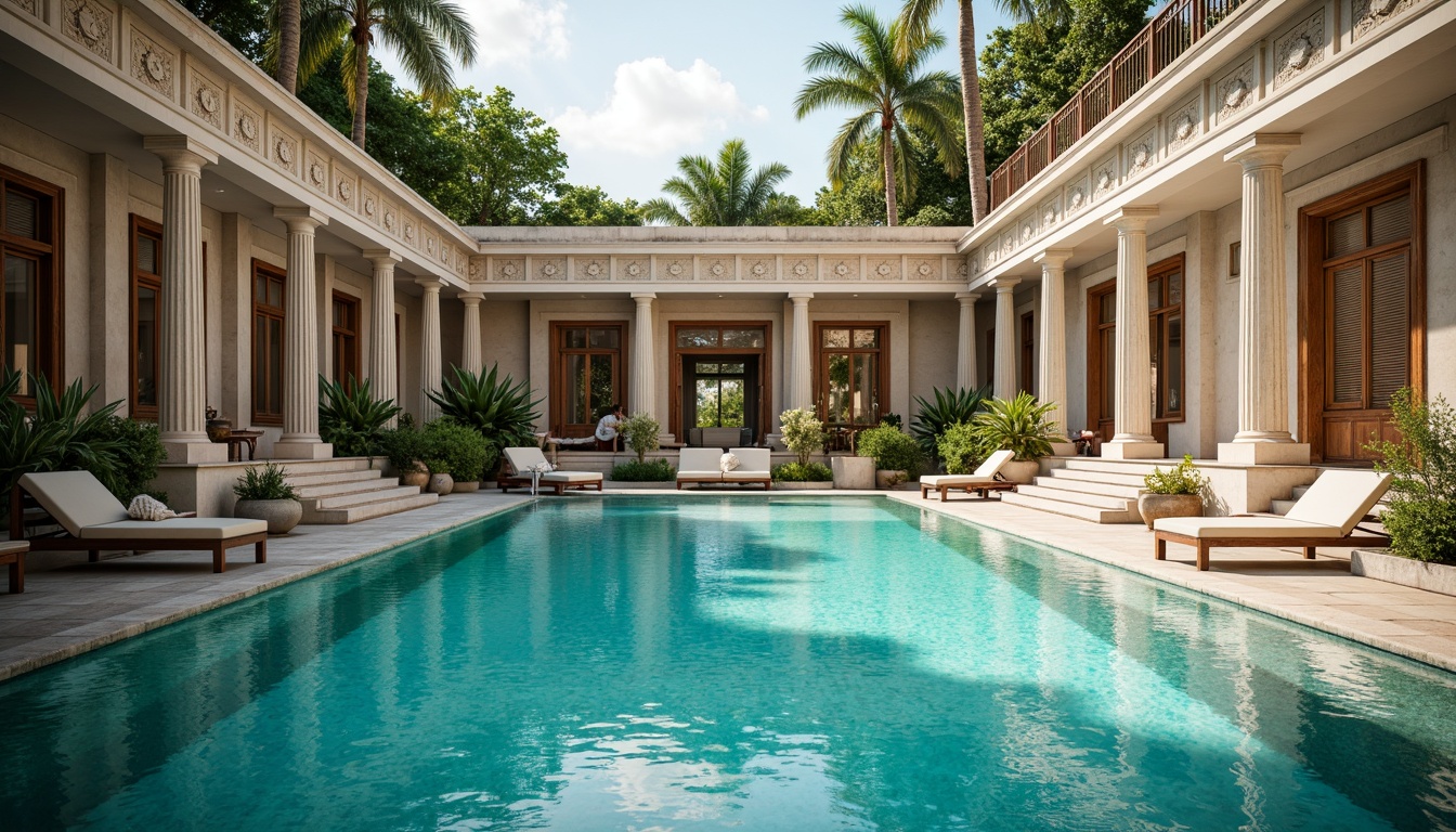 Prompt: Elegant neoclassical swimming pool, ornate stone carvings, grandiose fountains, crystal clear water, subtle ripples, gentle lapping sounds, majestic columns, symmetrical architecture, curved staircases, luxurious lounge chairs, vibrant turquoise tiles, intricate mosaic patterns, soft warm lighting, shallow depth of field, 1/1 composition, realistic textures, ambient occlusion.