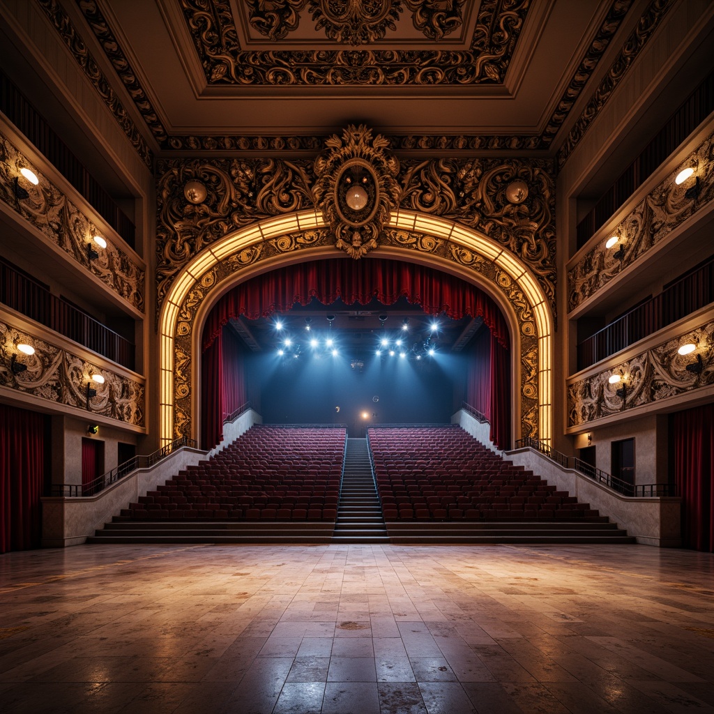 Prompt: Grand auditorium, ornate facade, intricate stone carvings, sweeping arches, grand entrance, polished marble floors, luxurious velvet curtains, golden accents, dramatic spotlights, tiered seating, acoustic panels, soundproofing materials, minimalist decor, modern LED lighting, dynamic color changing effects, 3/4 composition, shallow depth of field, realistic textures, ambient occlusion.