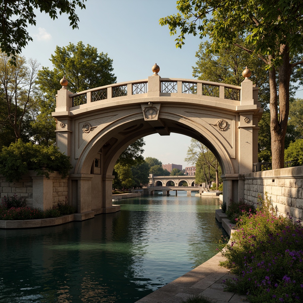 Prompt: Ornate bridge, grandiose arches, intricately carved stone balustrades, gilded accents, ornamental lanterns, majestic river views, serene water reflections, lush greenery, vibrant flowers, natural stone piers, decorative iron railings, sweeping curves, dramatic lighting, warm golden tones, high contrast shadows, 1/2 composition, atmospheric perspective, realistic textures, ambient occlusion.