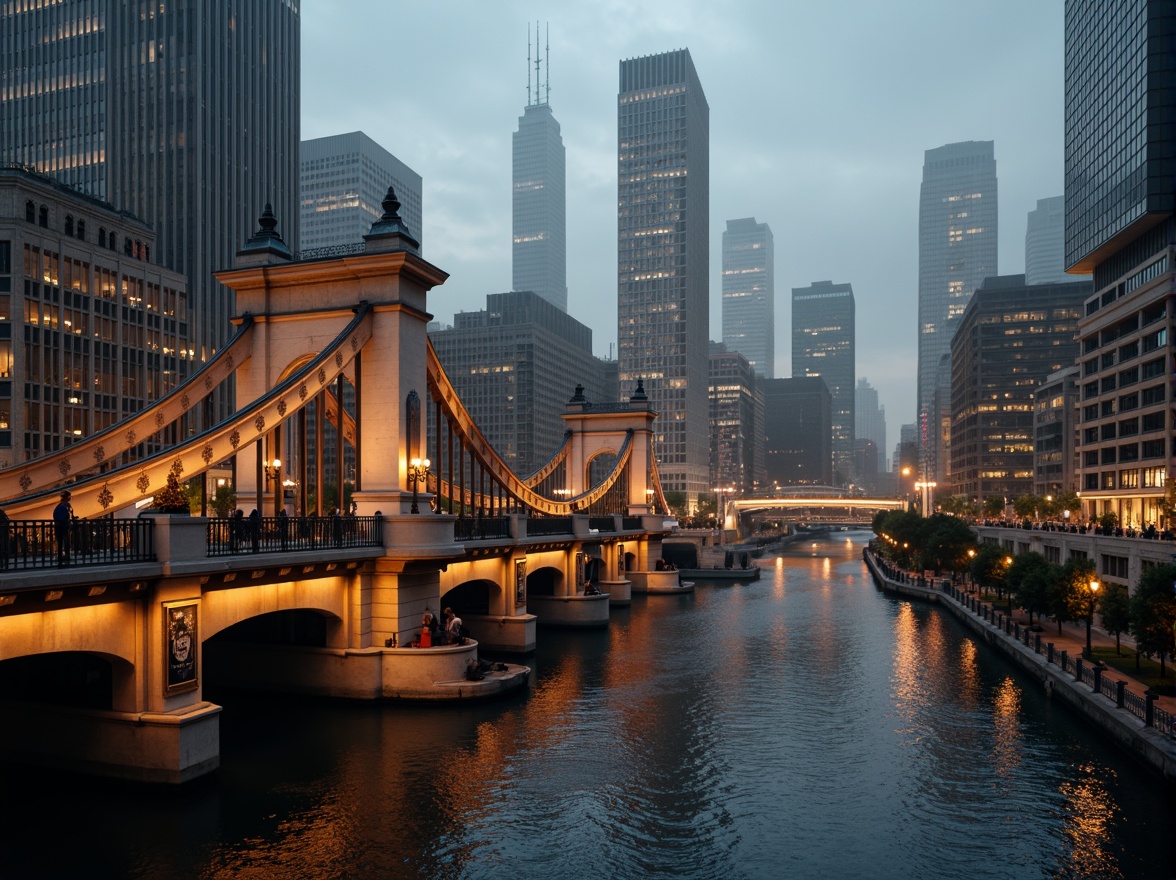 Prompt: Grandiose Baroque-style bridge, ornate stone carvings, sweeping arches, majestic river views, urban cityscape, modern skyscrapers, bustling streets, vibrant streetlights, misty evening atmosphere, warm golden lighting, shallow depth of field, 1/2 composition, symmetrical framing, realistic water reflections, ambient occlusion.