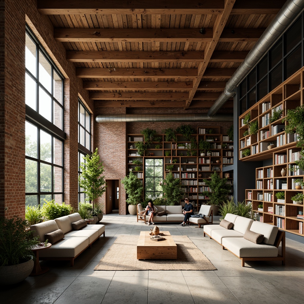 Prompt: Exposed brick walls, reclaimed wood accents, industrial metal beams, organic curved lines, earthy color palette, natural stone flooring, lush greenery, living walls, modern minimalist decor, cozy reading nooks, floor-to-ceiling windows, soft warm lighting, shallow depth of field, 3/4 composition, panoramic view, realistic textures, ambient occlusion.