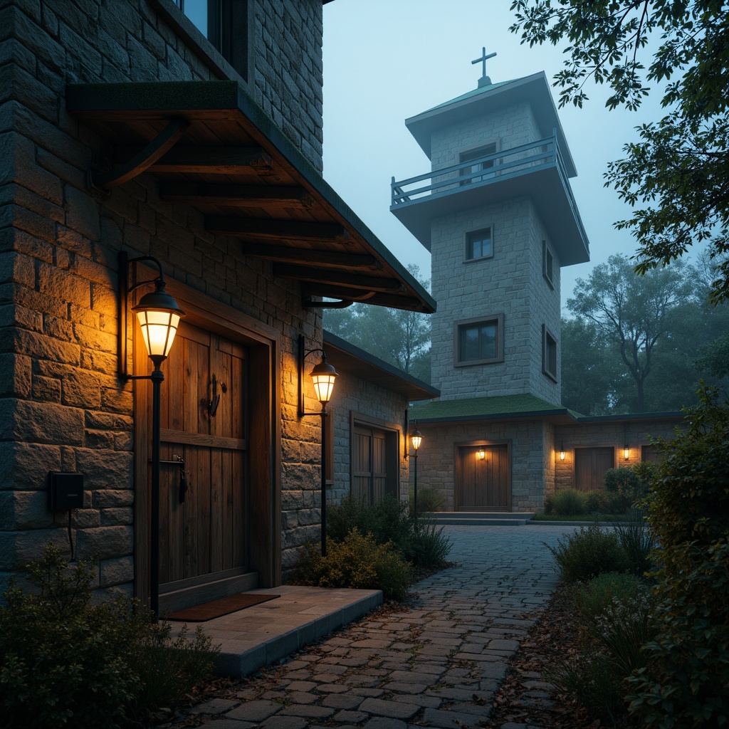 Prompt: Mysterious watchtower, ancient stone walls, worn wooden doors, mystical lanterns, foggy misty atmosphere, eerie twilight, warm golden lighting, soft mysterious shadows, intricate stonework patterns, rugged natural textures, weathered wooden accents, moss-covered roofs, overgrown vegetation, abandoned forgotten feel, cinematic dramatic mood, low-key mysterious color tone, 1/2 composition, atmospheric perspective, subtle depth of field.