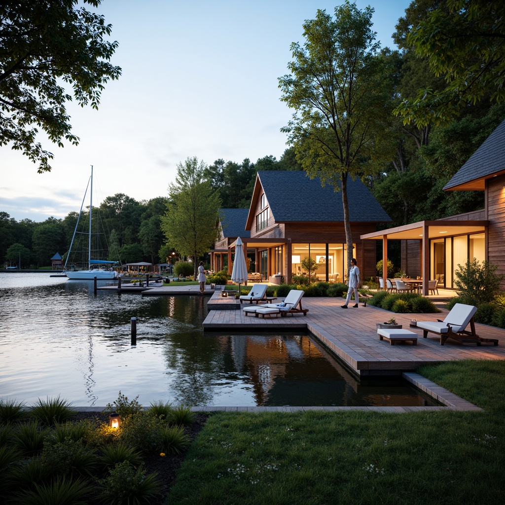 Prompt: Scenic lakefront, serene water reflections, lush greenery, wooden docks, sailboats, modern lakehouse architecture, large windows, sliding glass doors, natural stone walls, rustic wood accents, cozy outdoor seating areas, warm string lighting, shallow depth of field, 3/4 composition, panoramic view, realistic textures, ambient occlusion.