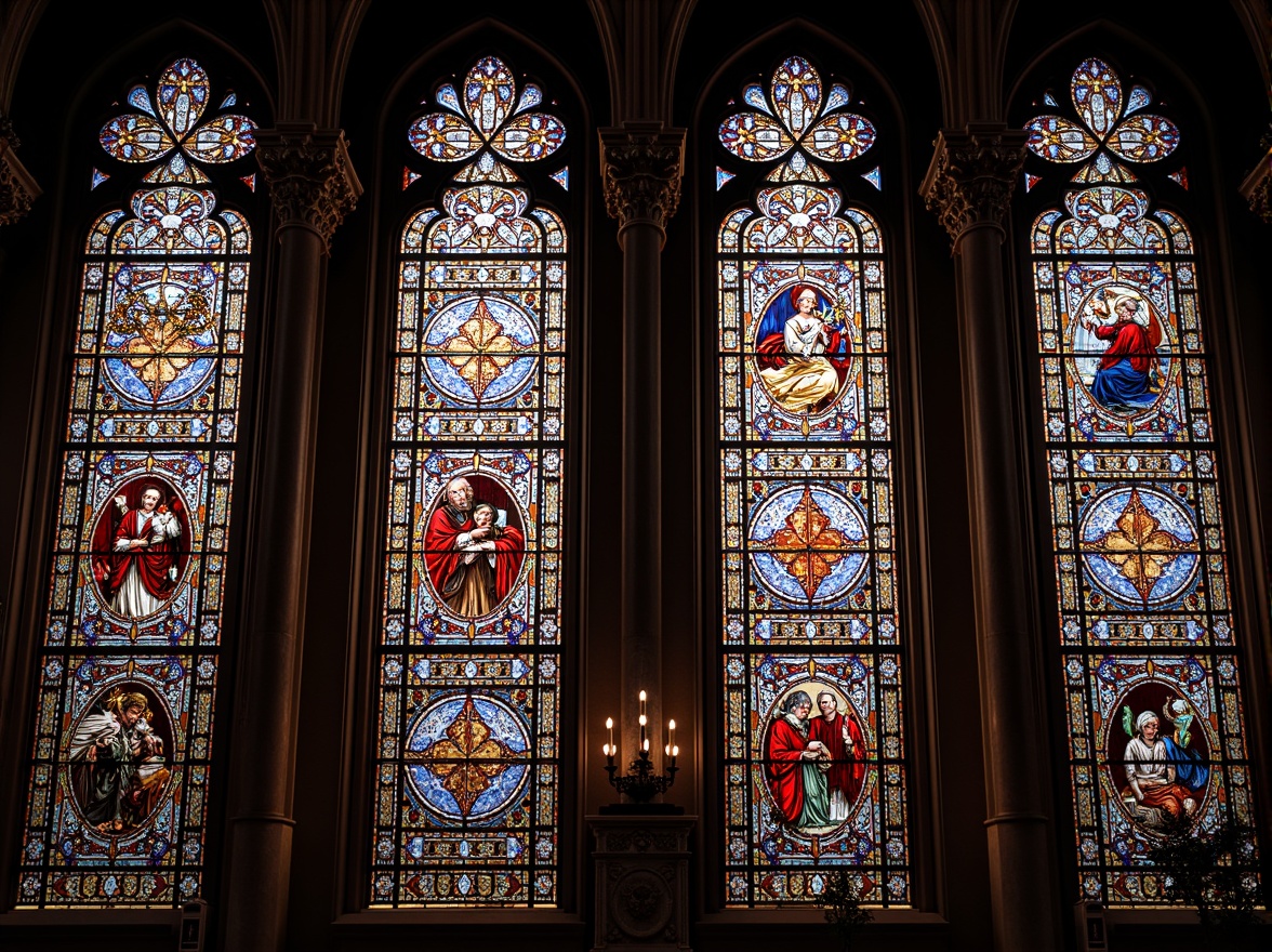 Prompt: Vibrant stained glass windows, intricate ornate designs, kaleidoscope colors, Gothic architecture, grand cathedrals, majestic churches, ornate facades, delicate tracery, luminous lighting, warm ambient glow, soft diffused shadows, 1/1 composition, symmetrical framing, realistic textures, subtle reflections.