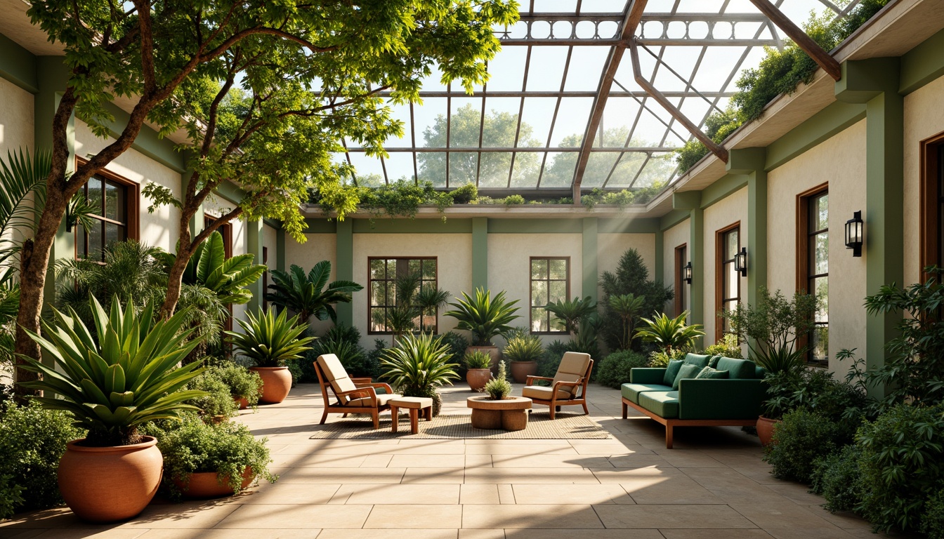 Prompt: Vibrant botanical greenhouse, lush tropical plants, warm natural light, misty atmosphere, earthy terracotta pots, reclaimed wood accents, soft sage green walls, creamy white trim, rustic metal frames, delicate glass roofs, dappled shade, warm beige stone floors, cozy reading nooks, plush green velvet sofas, natural linen textiles, woven rattan furniture, airy open spaces, refreshing morning light, gentle misting system, 1/1 composition, soft focus, realistic plant textures.