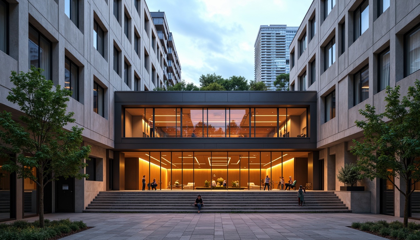 Prompt: Geometric auditorium facade, asymmetrical composition, rectangular windows, industrial metal frames, raw concrete walls, minimalist ornamentation, functionalist design, bold color accents, dramatic lighting effects, high ceilings, open floor plan, flexible seating arrangements, acoustic panels, wooden flooring, brutalist architecture, urban cityscape, cloudy day, softbox lighting, 1/2 composition, realistic materials, ambient occlusion.