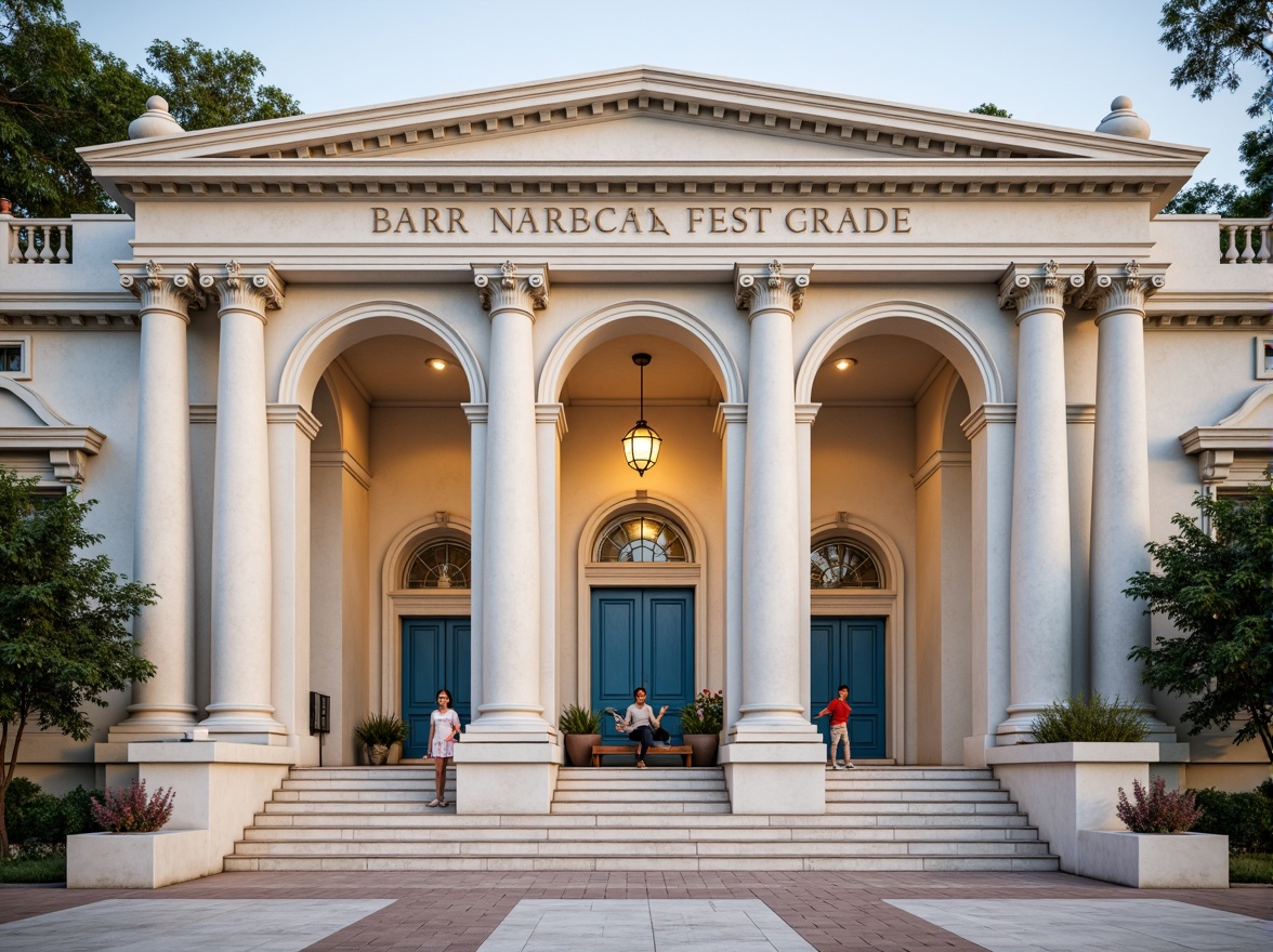 Prompt: Grandiose youth center facade, neoclassical columns, ornate pediments, symmetrical composition, creamy white marble, subtle rustication, elegant arches, refined pilasters, ornamental friezes, intricate moldings, vibrant blue accents, golden hardware, stately entranceways, sweeping staircases, luminous lanterns, soft warm lighting, shallow depth of field, 1/1 composition, realistic textures, ambient occlusion.