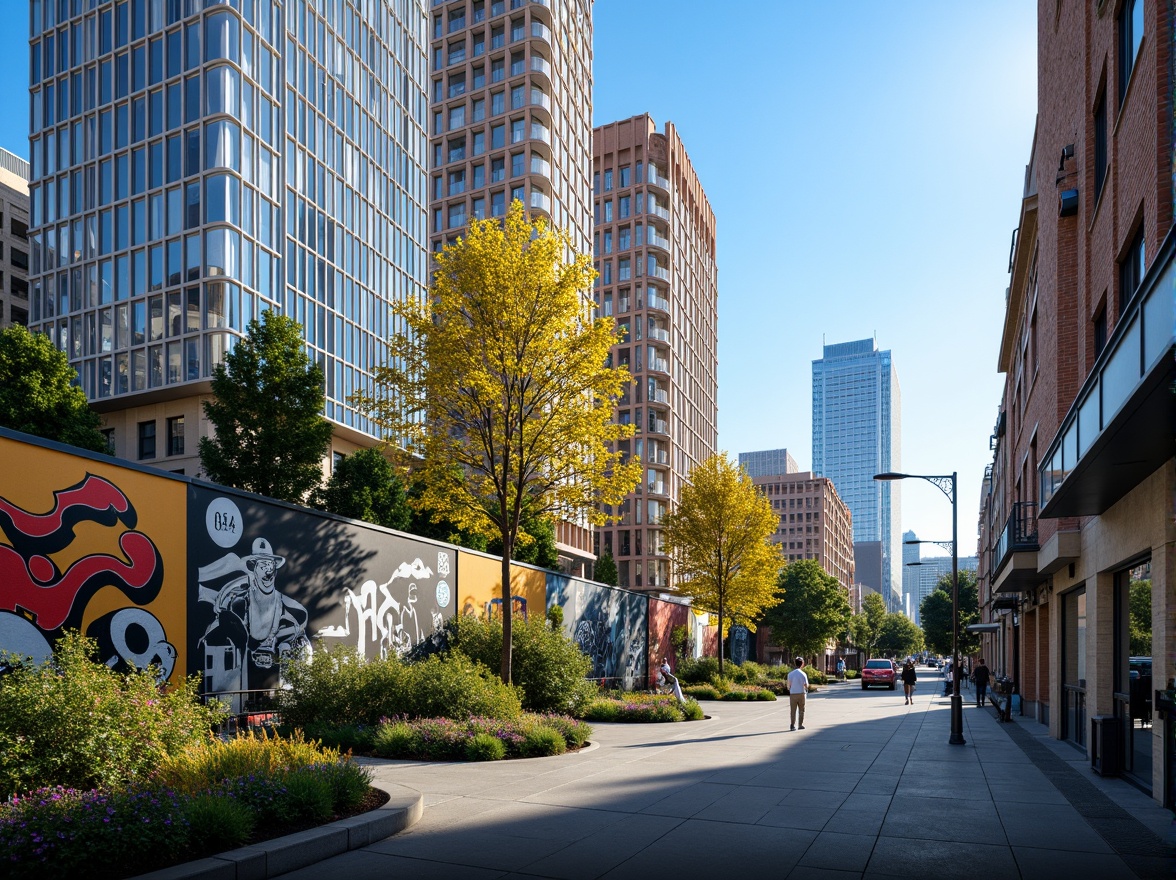 Prompt: Urban cityscape, modern skyscrapers, sleek glass towers, bustling streets, vibrant street art, graffiti murals, concrete sidewalks, steel railings, urban parks, lush greenery, blooming flowers, warm sunny day, soft natural lighting, shallow depth of field, 3/4 composition, panoramic view, realistic textures, ambient occlusion, bold bright colors, deep blues, rich yellows, muted grays, earthy tones, industrial materials, metallic accents, neon signs, dynamic color contrasts.