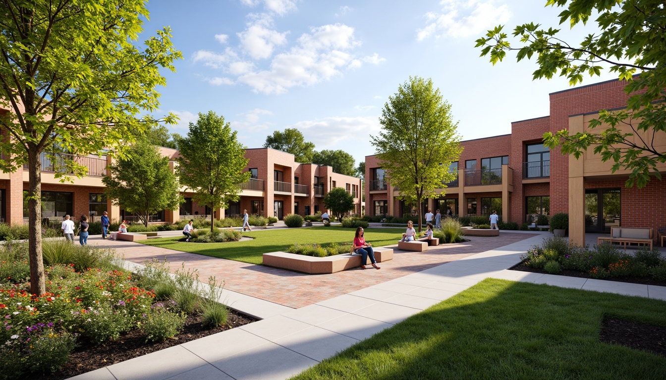 Prompt: Vibrant community center courtyard, lush greenery, blooming flowers, comfortable outdoor seating, wooden benches, shade structures, pergolas, walking paths, natural stone flooring, modern architecture, large windows, glass doors, sunny day, soft warm lighting, shallow depth of field, 3/4 composition, panoramic view, realistic textures, ambient occlusion, community gardens, public art installations, interactive play areas, outdoor fitness zones, picnic tables, BBQ stations, festive string lights, colorful outdoor rugs.