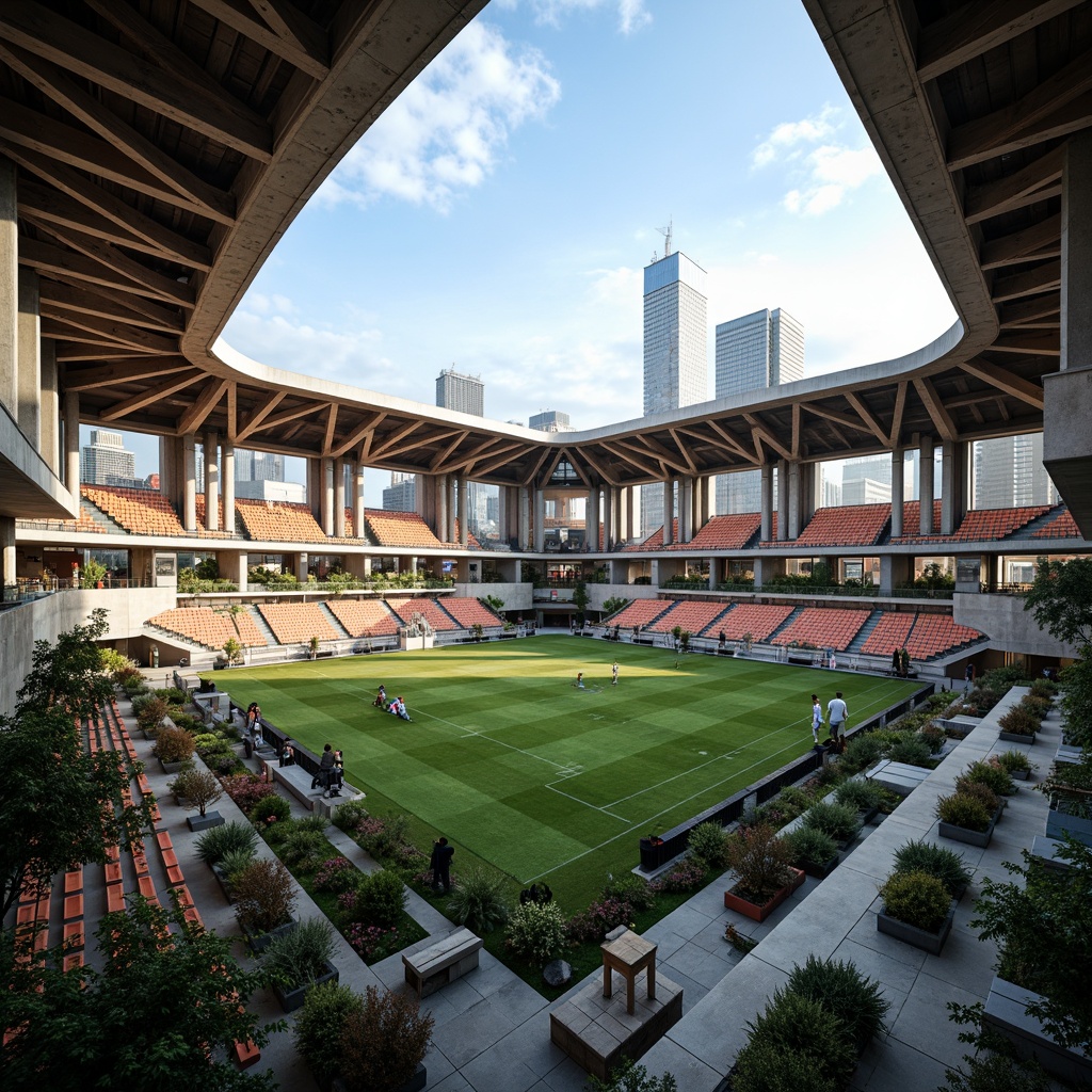 Prompt: Vibrant football stadium, social housing complex, brutalist architecture, exposed concrete structures, industrial metal beams, reclaimed wood accents, urban landscape, city skyline views, communal green spaces, public art installations, dynamic LED lighting, angular geometric forms, cantilevered balconies, corrugated metal cladding, raw concrete textures, atmospheric misting systems, 1/1 composition, dramatic low-angle shots, cinematic lighting effects.