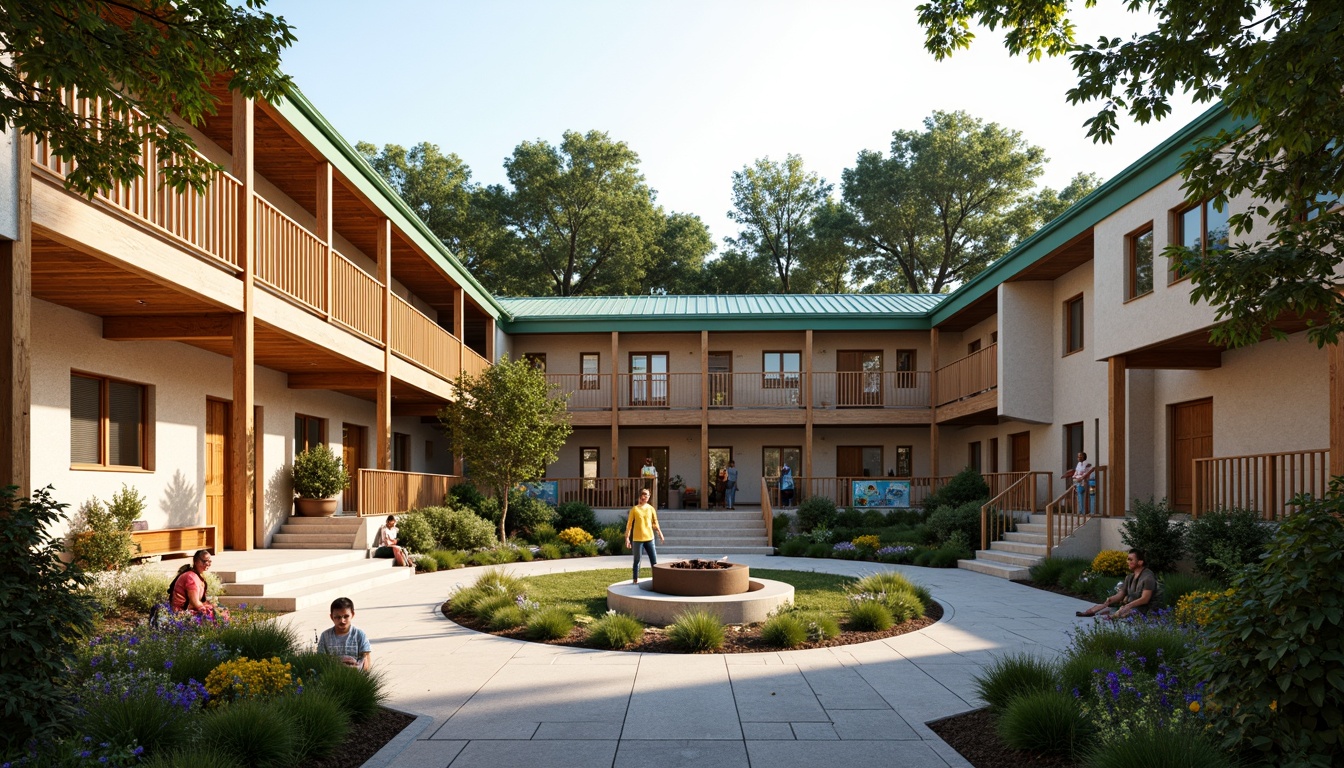 Prompt: Warm community center, social housing complex, earthy tone buildings, natural stone facades, vibrant green roofs, communal gardens, playground equipment, colorful murals, welcoming entranceways, cozy interior spaces, soft warm lighting, 1/1 composition, realistic textures, ambient occlusion, gentle color palette, soothing atmosphere, calming ambiance.