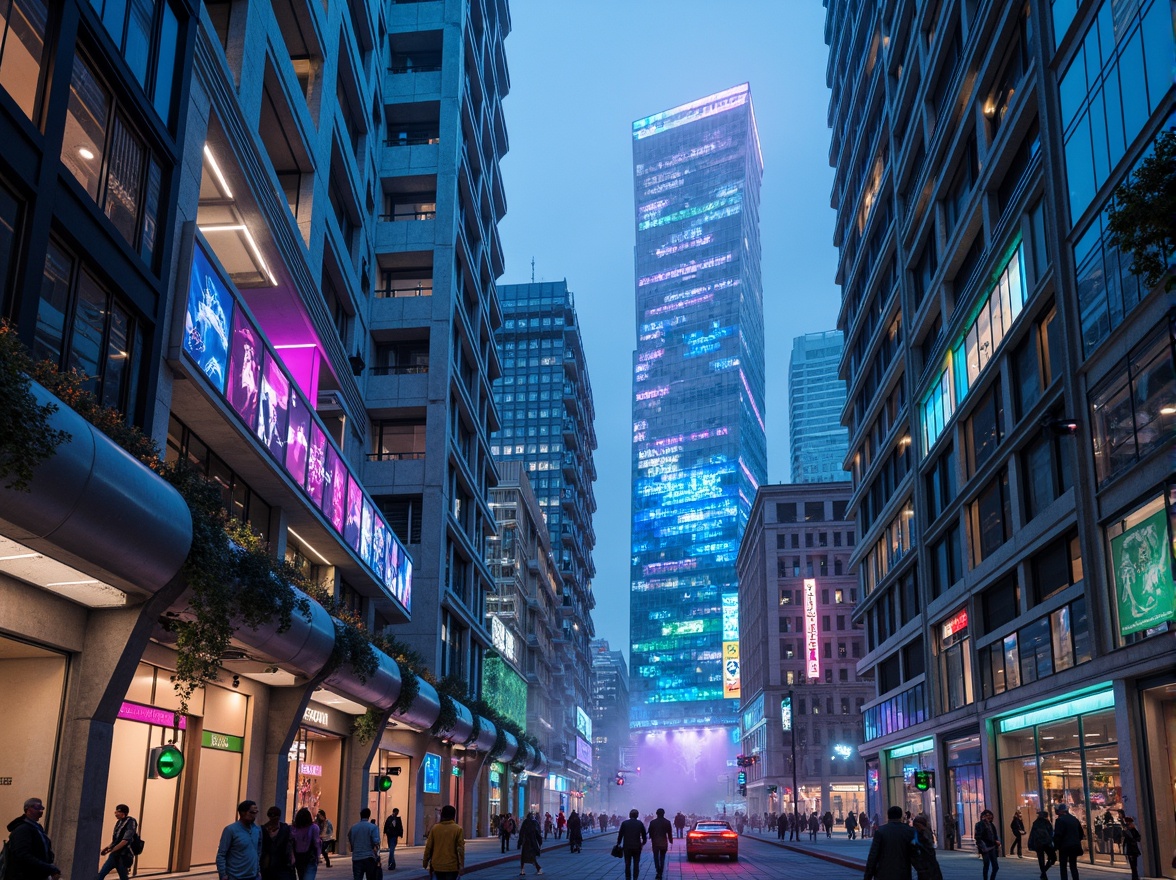 Prompt: Neon-lit skyscrapers, metallic silver accents, iridescent glass facades, holographic advertisements, cyberpunk cityscape, vibrant electric blue hues, neon green highlights, deep purple tones, rose gold details, sleek chrome lines, geometric patterns, futuristic urban landscape, high-tech infrastructure, levitating transportation pods, atmospheric mist, soft glowing ambiance, shallow depth of field, 1/1 composition, cinematic lighting, realistic reflections.