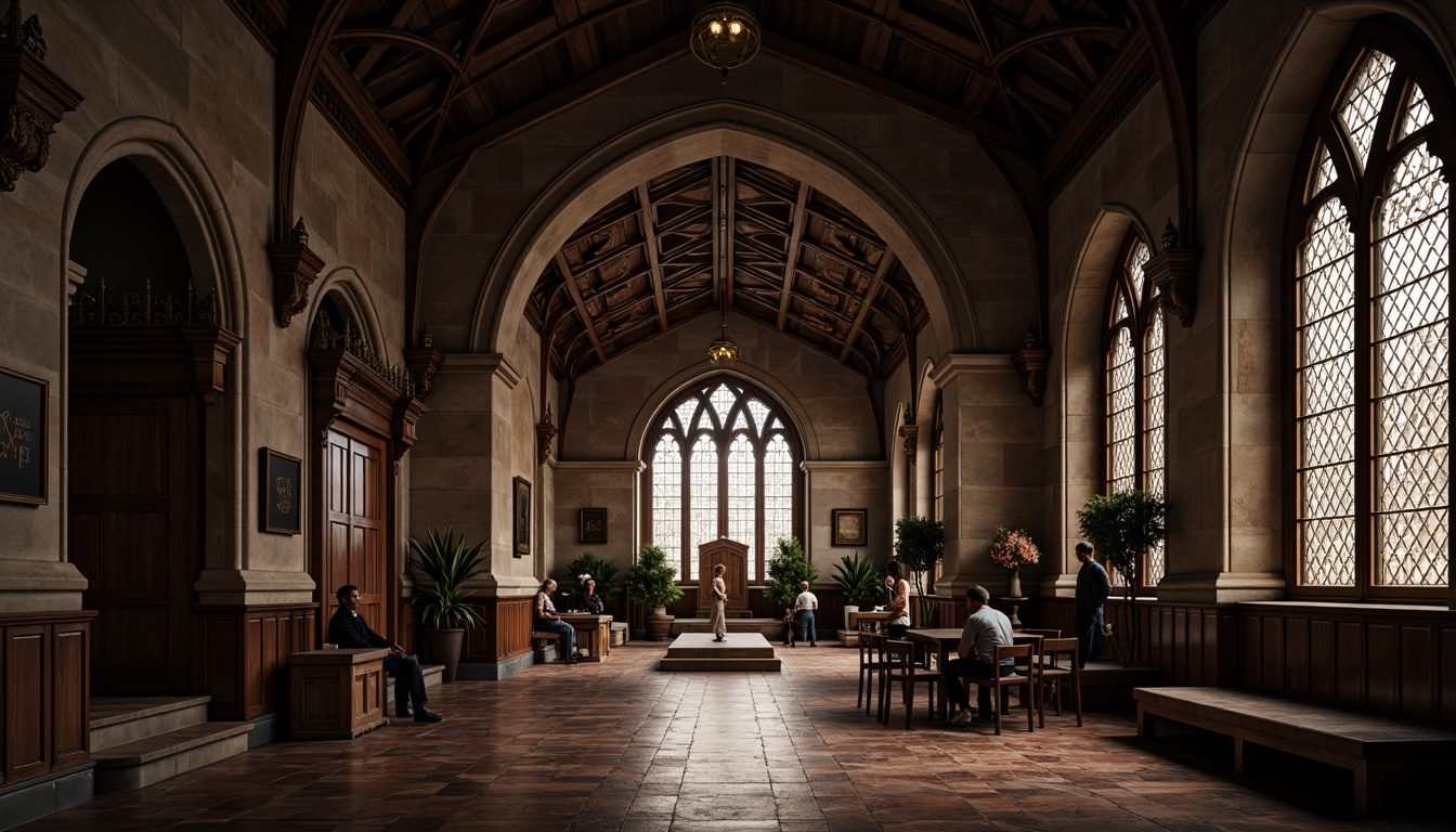 Prompt: Grandiose archways, pointed Gothic arches, ribbed vaults, ornate stone carvings, stained glass windows, intricate tracery patterns, majestic entrance halls, high ceilings, dark wood paneling, mysterious ambiance, warm soft lighting, dramatic shadows, 1/1 composition, symmetrical framing, realistic textures, ambient occlusion.