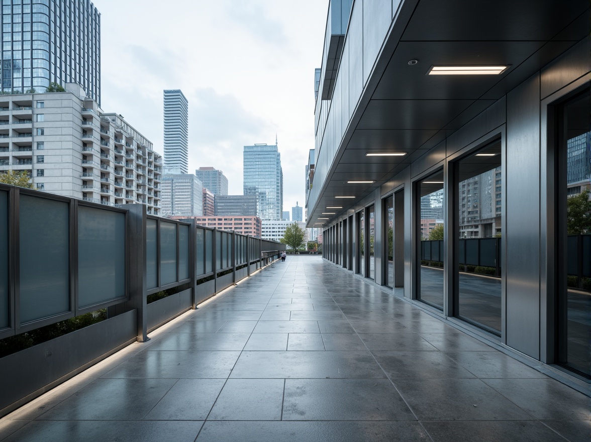 Prompt: Sleek modern buildings, curved lines, metallic surfaces, reflective glass facades, minimalist design, industrial materials, exposed ductwork, polished concrete floors, steel beams, aluminum cladding, frosted glass railings, LED lighting strips, urban cityscape, cloudy sky, soft natural light, shallow depth of field, 2/3 composition, cinematic view, realistic reflections, ambient occlusion.