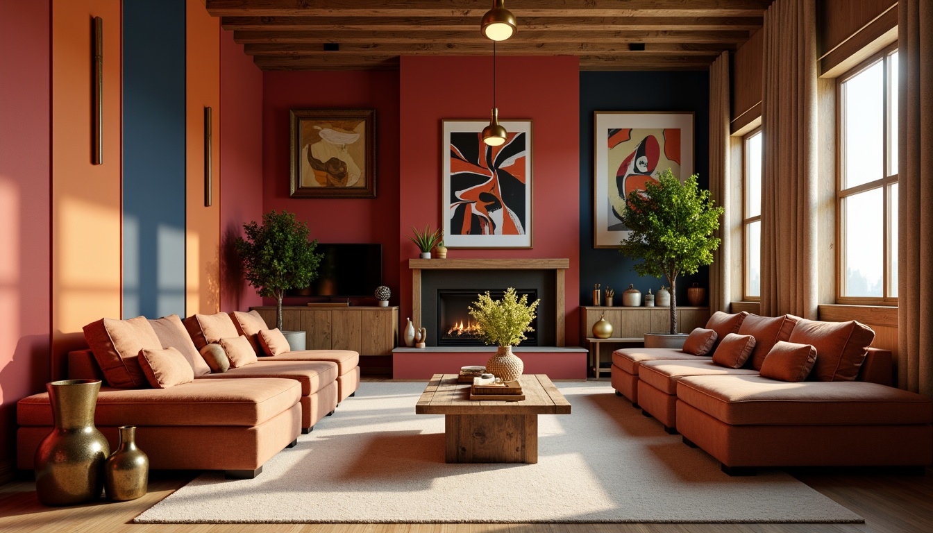 Prompt: Vibrant living room, bold accent walls, rich wood furniture, plush velvet sofas, metallic gold lighting fixtures, soft cream-colored carpets, natural stone fireplaces, earthy terracotta vases, warm beige curtains, eclectic artwork, abstract geometric patterns, moody atmospheric colors, dramatic shadows, 1/2 composition, cinematic lighting, realistic textures, ambient occlusion.